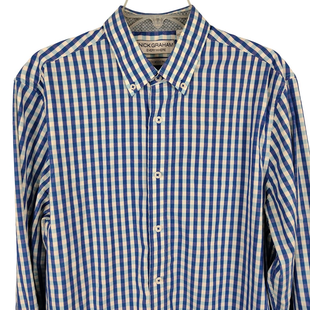 Nick Graham Mens L Everywhere Stretch Modern Fit Shirt Blue Gingham Preppy